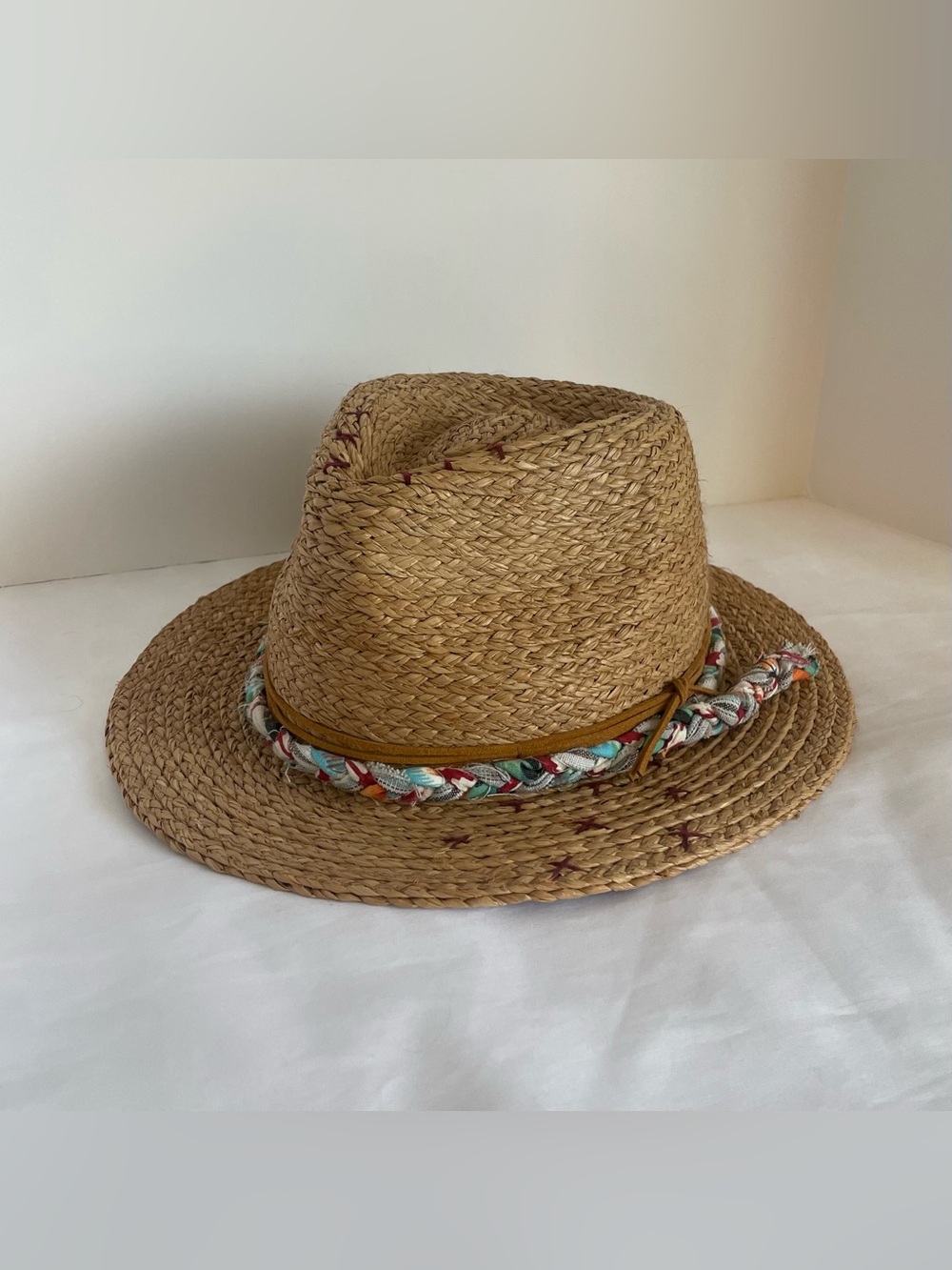 Natural Straw Fedora with Multicolor Braided Trim